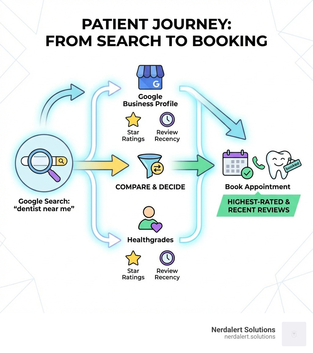 infographic showing the patient journey from Google search for 'dentist near me' to reading reviews on Google Business Profile and Healthgrades, comparing star ratings and review recency, then booking an appointment with the highest-rated practice that has recent reviews - review management for dentists infographic infographic showing the patient journey from Google search for 'dentist near me' to reading reviews on Google Business Profile and Healthgrades, comparing star ratings and review recency, then booking an appointment with the highest-rated practice that has recent reviews - review management for dentists infographic