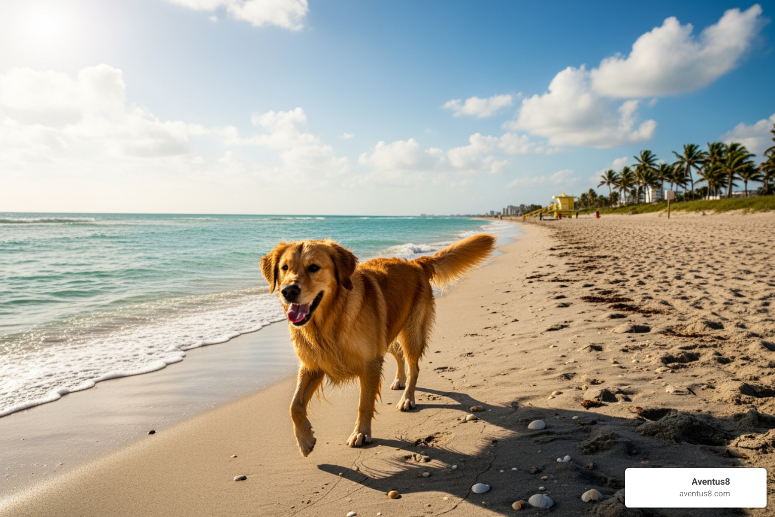 happy dog on sunny Hollywood Florida beach - pet thc treats