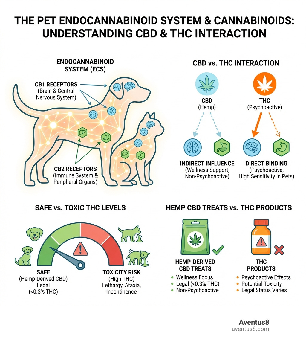 detailed infographic showing the endocannabinoid system in dogs and cats, highlighting CB1 and CB2 receptors, how CBD and THC interact differently with these receptors, safe vs toxic THC levels, and key differences between hemp-derived CBD treats versus THC products - pet thc treats infographic 