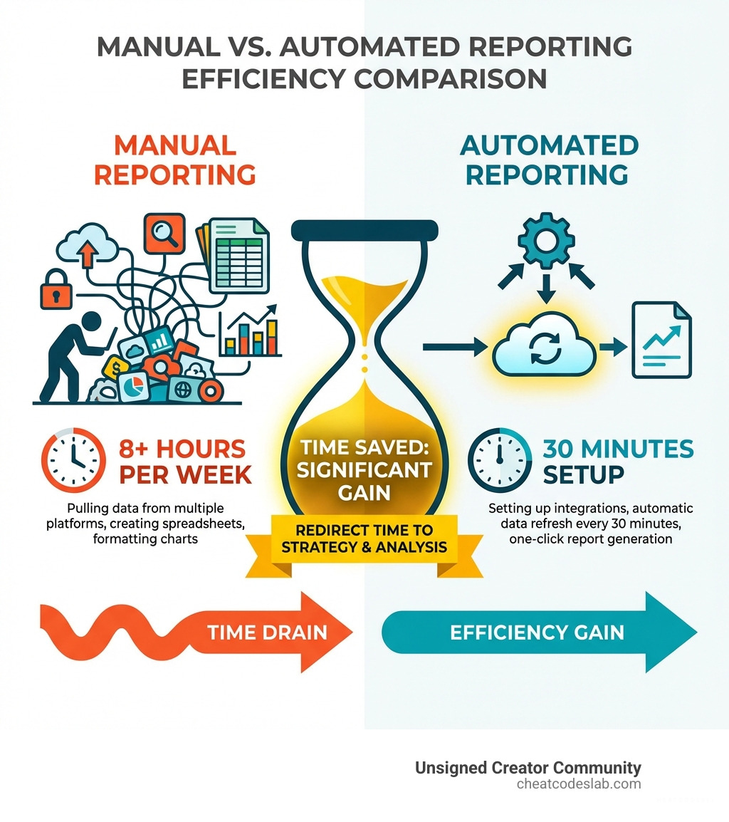 Infographic showing comparison between manual reporting (8+ hours per week pulling data from multiple platforms, creating spreadsheets, formatting charts) versus automated reporting (30 minutes setting up integrations, automatic data refresh every 30 minutes, one-click report generation) with time saved highlighted - automated reporting tools seo infographic Infographic showing comparison between manual reporting (8+ hours per week pulling data from multiple platforms, creating spreadsheets, formatting charts) versus automated reporting (30 minutes setting up integrations, automatic data refresh every 30 minutes, one-click report generation) with time saved highlighted - automated reporting tools seo infographic