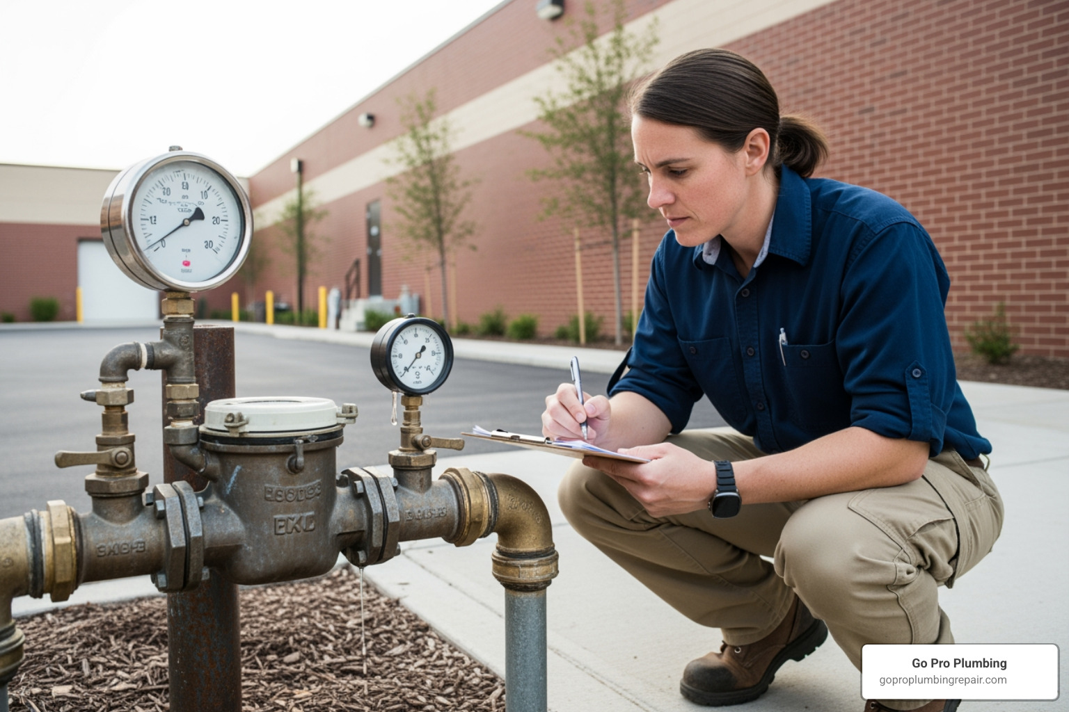 A water conservation specialist conducting a water audit on a commercial property, examining a large water meter and taking notes - water conservation specialist A water conservation specialist conducting a water audit on a commercial property, examining a large water meter and taking notes - water conservation specialist