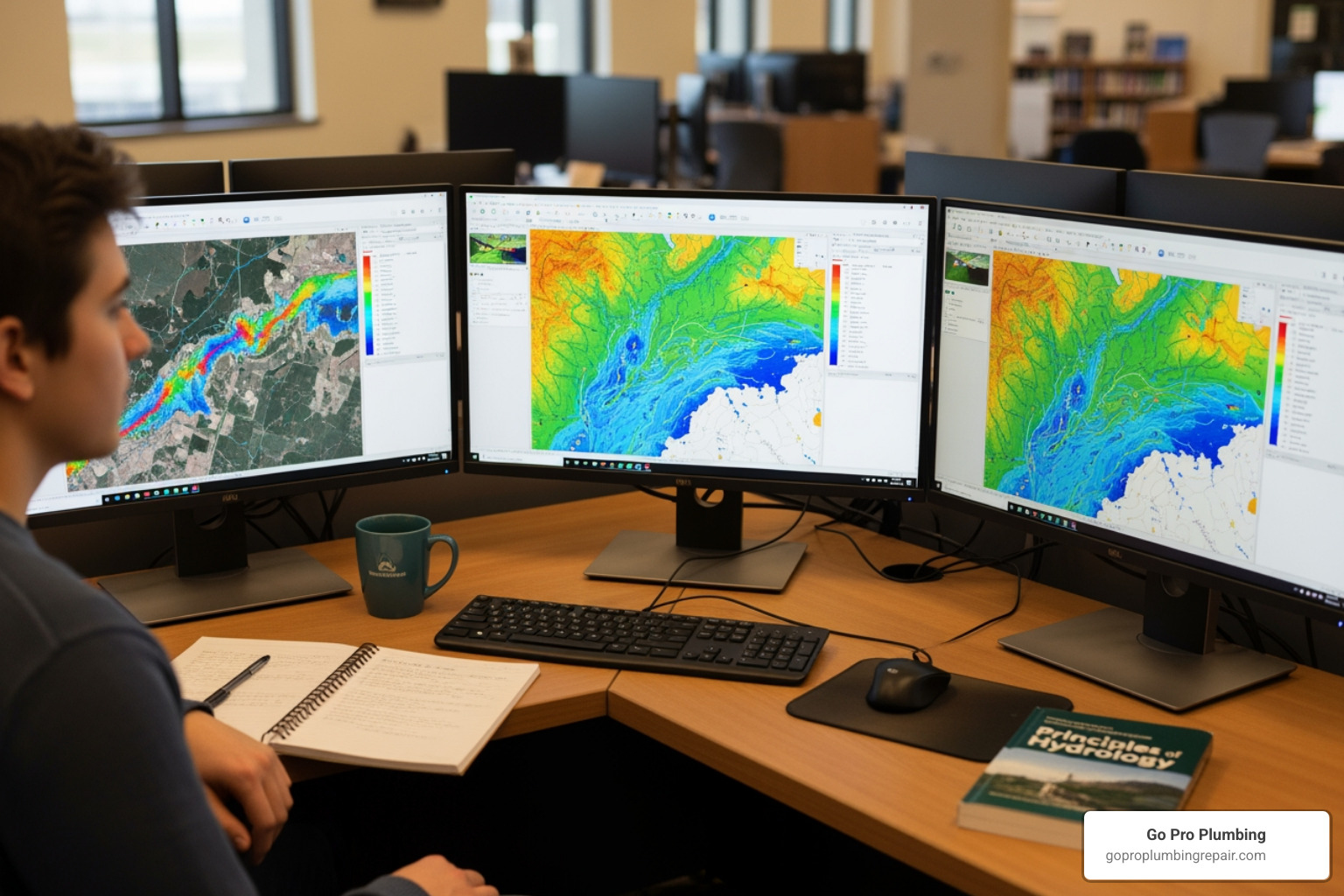 A university student using GIS software to map a watershed, with screens showing topographical data and water flow models - water conservation specialist A university student using GIS software to map a watershed, with screens showing topographical data and water flow models - water conservation specialist