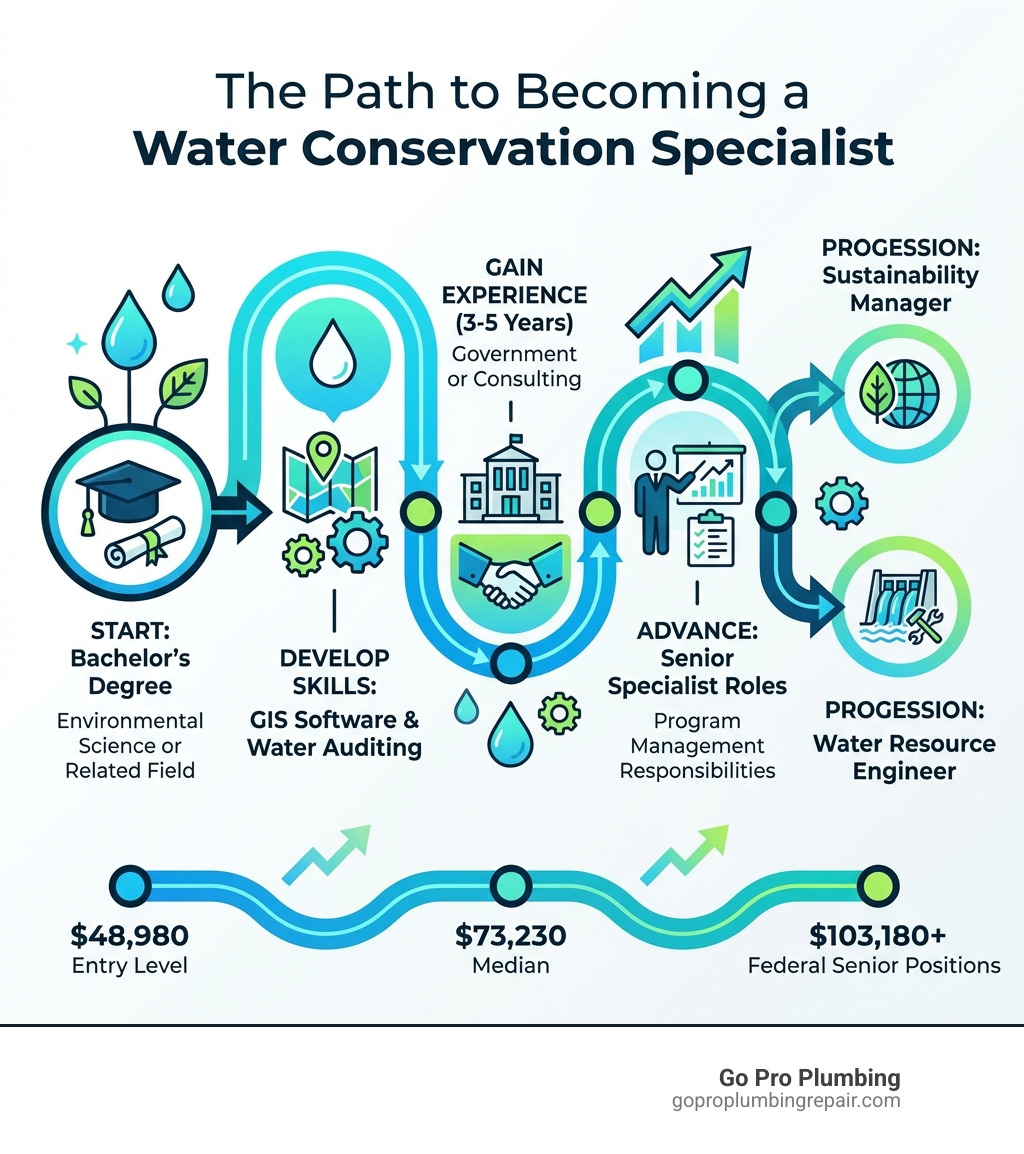 Infographic showing the career path to becoming a water conservation specialist: starting with a bachelor's degree in environmental science or related field, developing skills in GIS software and water auditing, gaining 3-5 years experience in government or consulting, advancing to senior specialist roles with program management responsibilities, and potential career progression to sustainability manager or water resource engineer positions, with salary ranges from $48,980 entry level to $103,180+ for federal government senior positions - water conservation specialist infographic Infographic showing the career path to becoming a water conservation specialist: starting with a bachelor's degree in environmental science or related field, developing skills in GIS software and water auditing, gaining 3-5 years experience in government or consulting, advancing to senior specialist roles with program management responsibilities, and potential career progression to sustainability manager or water resource engineer positions, with salary ranges from $48,980 entry level to $103,180+ for federal government senior positions - water conservation specialist infographic