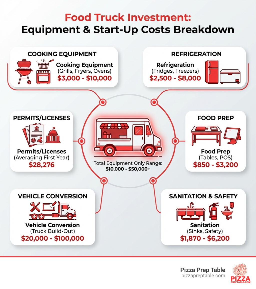 Detailed infographic showing a food truck equipment cost breakdown with six main categories: Cooking Equipment ($3,000-$10,000 including grills, fryers, ovens), Refrigeration ($2,500-$8,000 for fridges and freezers), Food Prep ($850-$3,200 for tables and POS), Sanitation ($1,870-$6,200 for sinks and safety), plus additional costs for vehicle conversion ($20,000-$100,000) and permits/licenses (averaging $28,276 first year), with visual icons for each category and a total investment range highlighted - how much does equipment cost for a food truck infographic Detailed infographic showing a food truck equipment cost breakdown with six main categories: Cooking Equipment ($3,000-$10,000 including grills, fryers, ovens), Refrigeration ($2,500-$8,000 for fridges and freezers), Food Prep ($850-$3,200 for tables and POS), Sanitation ($1,870-$6,200 for sinks and safety), plus additional costs for vehicle conversion ($20,000-$100,000) and permits/licenses (averaging $28,276 first year), with visual icons for each category and a total investment range highlighted - how much does equipment cost for a food truck infographic