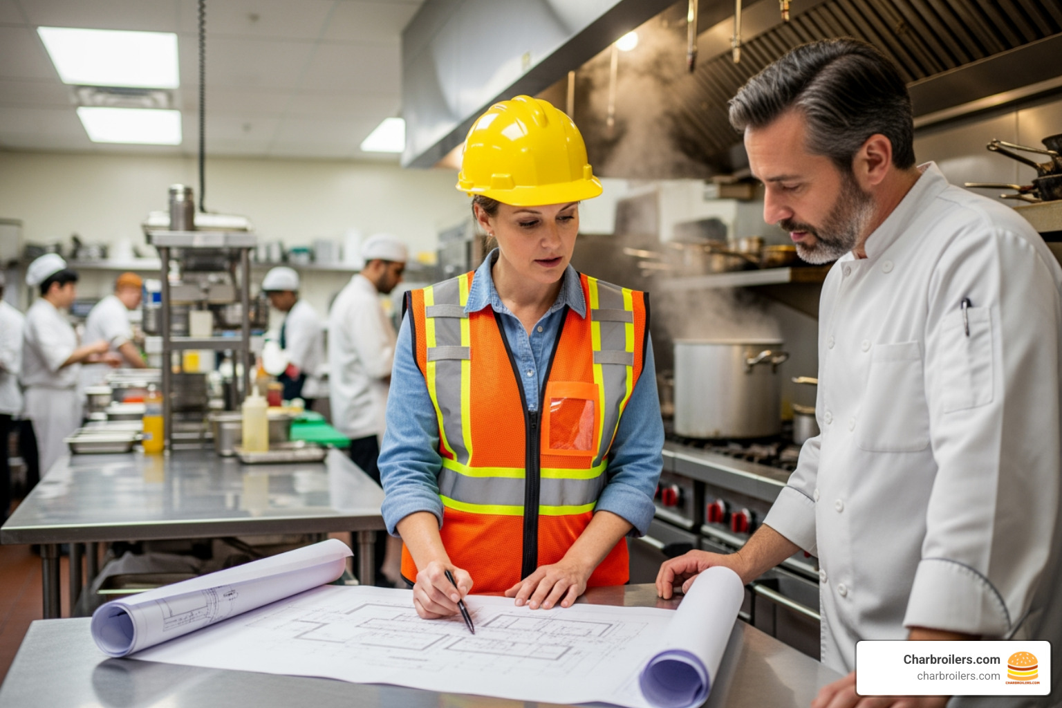a local code inspector in a hard hat and safety vest reviewing kitchen plans with a restaurant owner - do commercial convection ovens require a hood