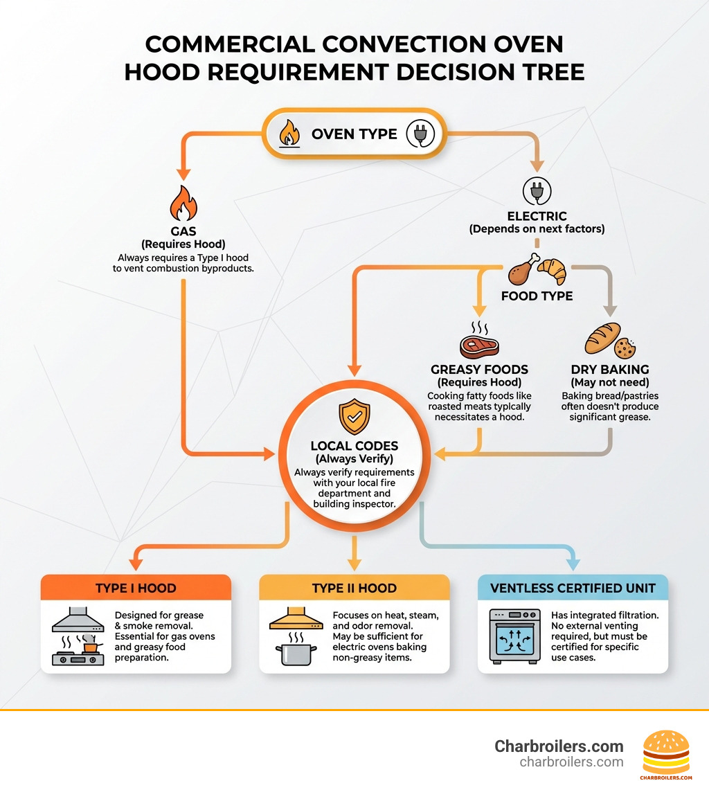 infographic showing hood requirement decision tree: starting with oven type (gas always requires hood, electric depends on next factors), then food type (greasy foods require hood, dry baking may not), then local codes (always verify with local authorities), leading to final decision of Type I hood, Type II hood, or ventless certified unit - do commercial convection ovens require a hood infographic 