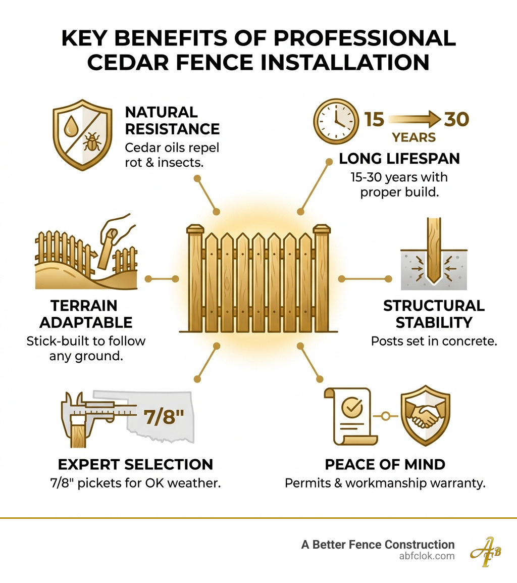 Key Benefits of Professional Cedar Fence Installation: Natural rot and insect resistance from cedar's oils; 15-30 year lifespan with proper installation; Stick-built construction adapts to any terrain; Posts set in concrete for structural stability; Expert picket selection (7/8 inch thickness recommended for Oklahoma weather); Code-compliant installation with proper permits; Workmanship warranty and insured contractors - cedar fence installation services infographic Key Benefits of Professional Cedar Fence Installation: Natural rot and insect resistance from cedar's oils; 15-30 year lifespan with proper installation; Stick-built construction adapts to any terrain; Posts set in concrete for structural stability; Expert picket selection (7/8 inch thickness recommended for Oklahoma weather); Code-compliant installation with proper permits; Workmanship warranty and insured contractors - cedar fence installation services infographic