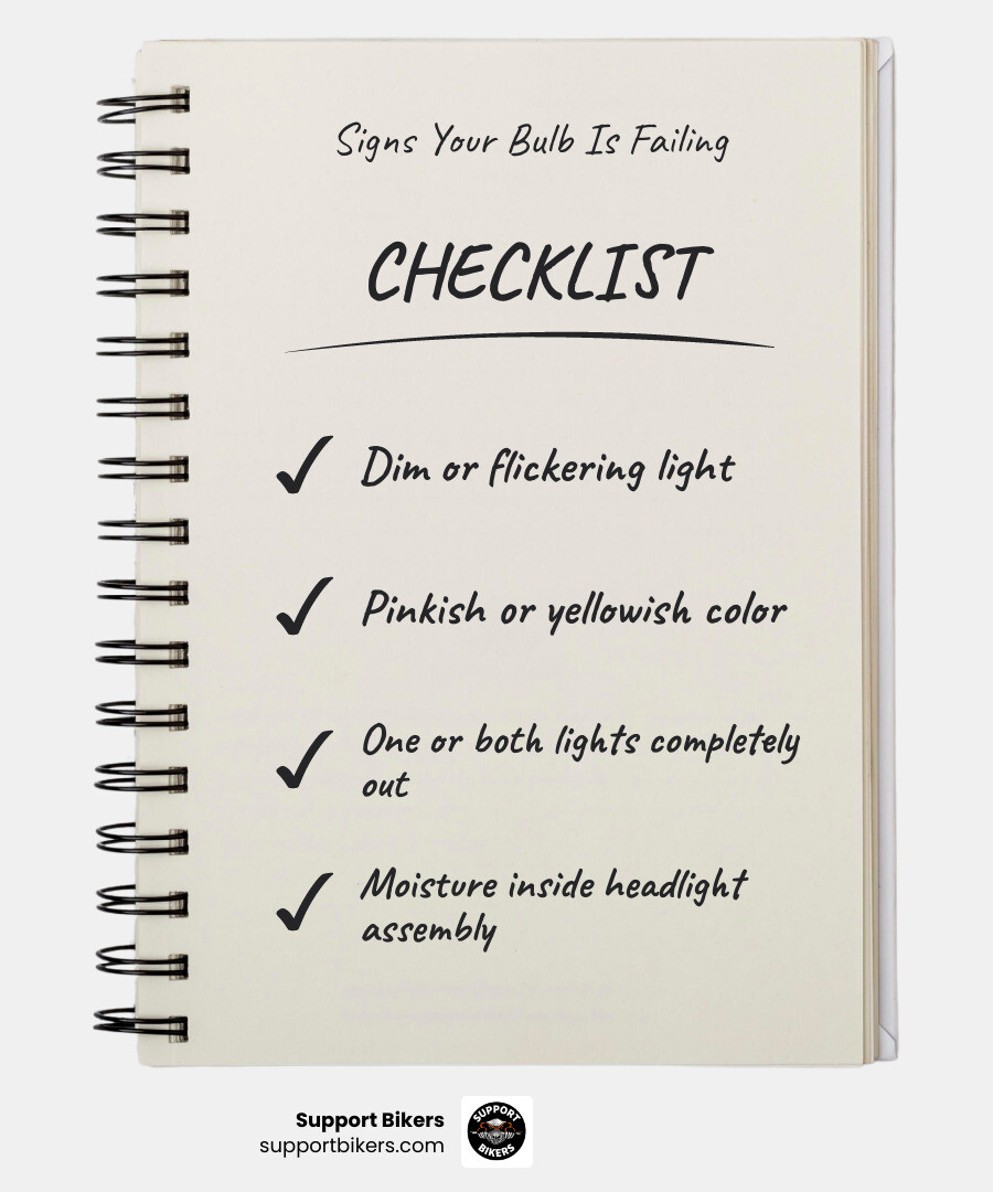 infographic showing four warning signs your motorcycle headlight bulb is failing: 1. Dim light output with faded beam icon, 2. Flickering or intermittent light with lightning bolt symbol, 3. Color change from white to pink or yellow with color spectrum, 4. Complete burnout with crossed-out bulb icon - Headlight bulb replacement infographic checklist-notebook
