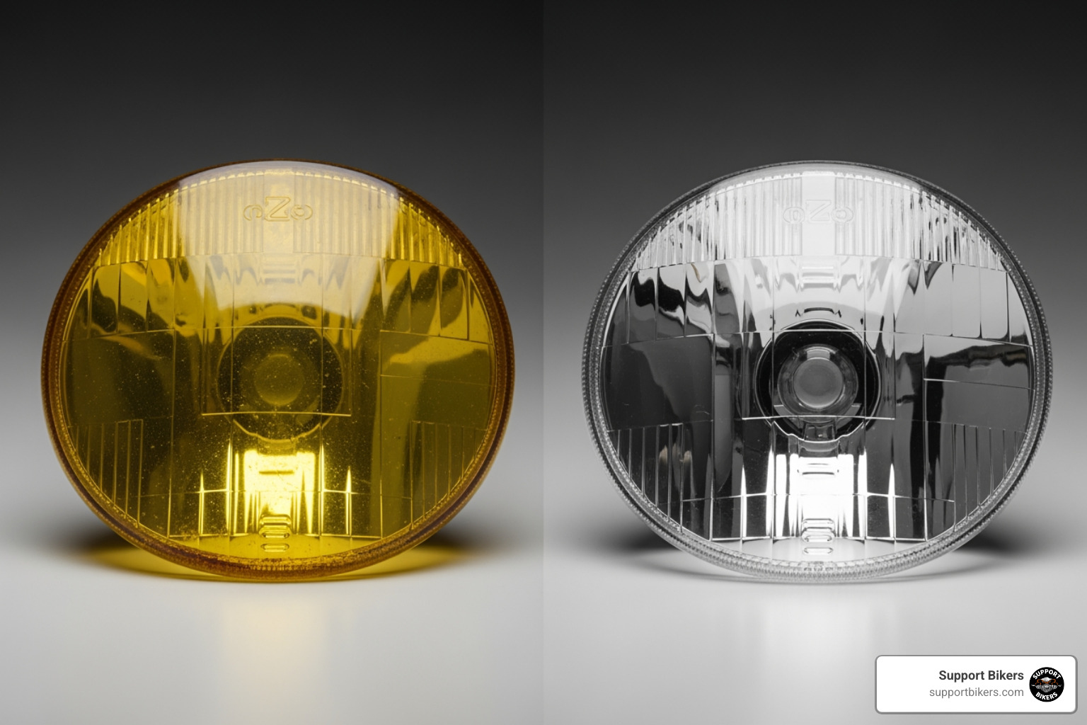 side-by-side cloudy and clear motorcycle headlight lens - Headlight bulb replacement