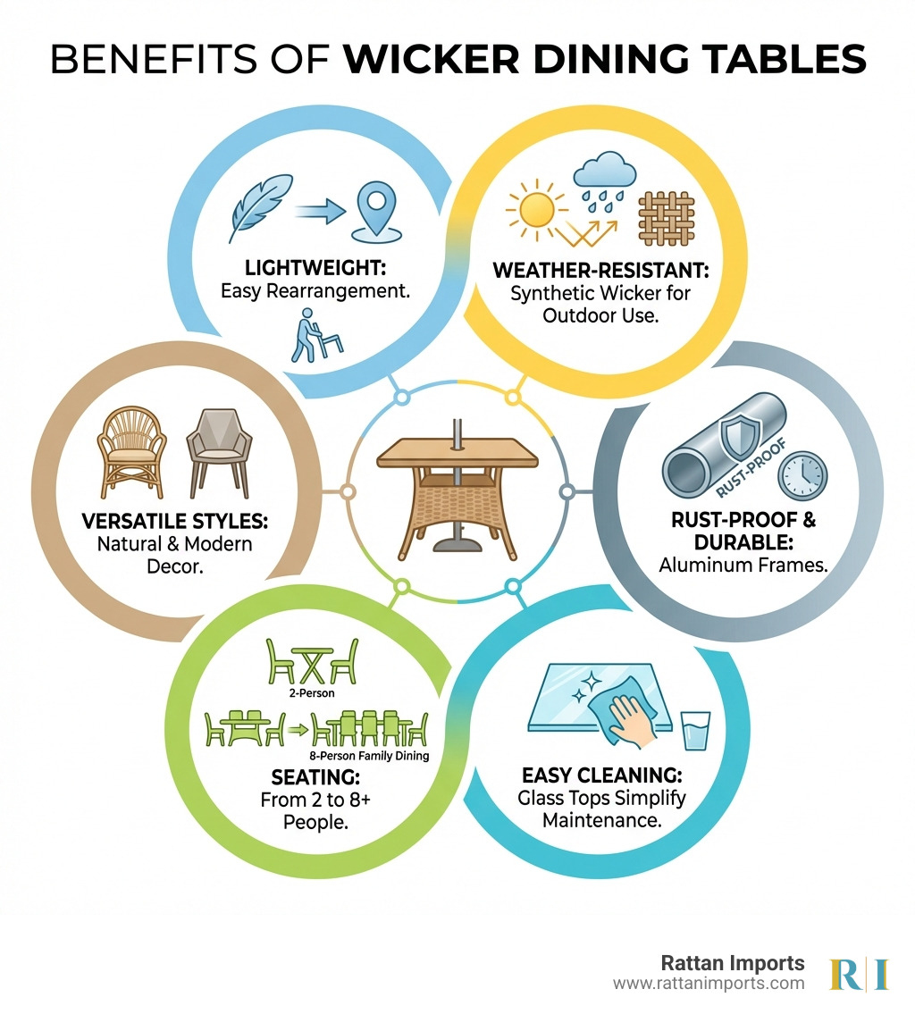 Infographic showing key benefits of wicker dining tables: Lightweight design allows easy rearrangement, synthetic wicker provides weather resistance for outdoor use, natural or modern styles suit any decor, aluminum frames prevent rust and ensure longevity, seating options from 2-person bistro to 8-person family dining, glass tops simplify cleaning and maintenance - dining table wicker infographic Infographic showing key benefits of wicker dining tables: Lightweight design allows easy rearrangement, synthetic wicker provides weather resistance for outdoor use, natural or modern styles suit any decor, aluminum frames prevent rust and ensure longevity, seating options from 2-person bistro to 8-person family dining, glass tops simplify cleaning and maintenance - dining table wicker infographic