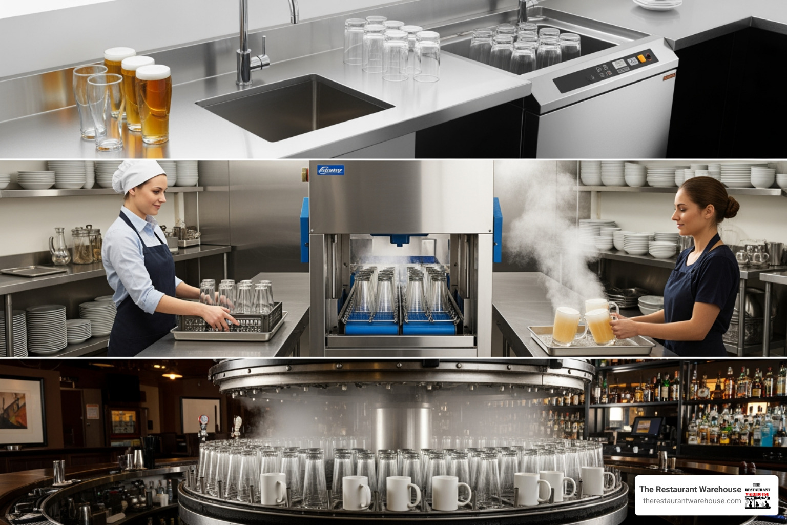 collage showing undercounter, pass-through, and carousel commercial glass washers - buy commercial glass washer