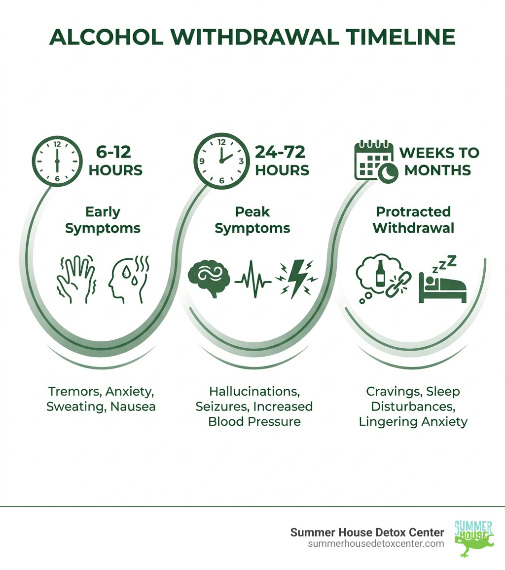 Infographic showing the alcohol withdrawal timeline: 6-12 hours (early symptoms like tremors and anxiety), 24-72 hours (peak symptoms including hallucinations and seizures), and weeks to months (protracted withdrawal with cravings and sleep issues) - alcohol dependence symptoms withdrawal infographic Infographic showing the alcohol withdrawal timeline: 6-12 hours (early symptoms like tremors and anxiety), 24-72 hours (peak symptoms including hallucinations and seizures), and weeks to months (protracted withdrawal with cravings and sleep issues) - alcohol dependence symptoms withdrawal infographic