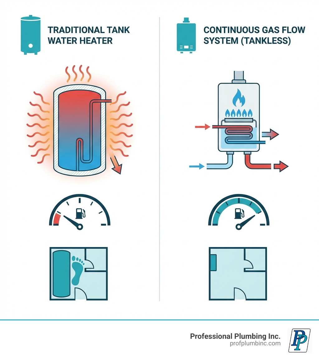 side-by-side comparison of traditional tank water heater operation versus continuous gas flow system operation, highlighting standby heat loss in tanks, on-demand heating in tankless, energy efficiency ratings, and space requirements - continuous gas hot water system infographic side-by-side comparison of traditional tank water heater operation versus continuous gas flow system operation, highlighting standby heat loss in tanks, on-demand heating in tankless, energy efficiency ratings, and space requirements - continuous gas hot water system infographic