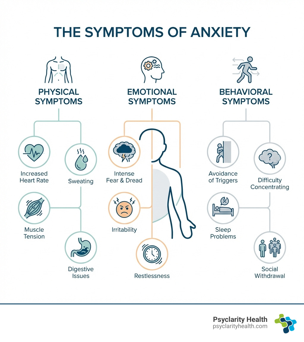 Infographic showing the physical symptoms of anxiety (increased heart rate, sweating, muscle tension, digestive issues), emotional symptoms (intense fear, dread, irritability, restlessness), and behavioral symptoms (avoidance of triggers, difficulty concentrating, sleep problems, social withdrawal) - San Diego anxiety treatment infographic 