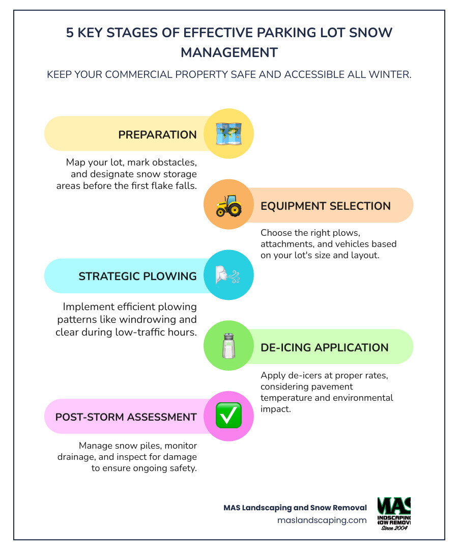 Infographic showing the 5 key stages of effective parking lot snow management: Stage 1 - Preparation (site mapping, obstacle marking, snow stake installation), Stage 2 - Equipment Selection (choosing plows, attachments, and vehicles based on lot size), Stage 3 - Strategic Plowing (angle plowing patterns, windrowing techniques, timing during low-traffic hours), Stage 4 - De-Icing Application (salt application rates, pre-wetting methods, environmental considerations), and Stage 5 - Post-Storm Assessment (snow pile management, drainage monitoring, damage inspection) - parking lot snow plowing infographic infographic-line-5-steps-colors Infographic showing the 5 key stages of effective parking lot snow management: Stage 1 - Preparation (site mapping, obstacle marking, snow stake installation), Stage 2 - Equipment Selection (choosing plows, attachments, and vehicles based on lot size), Stage 3 - Strategic Plowing (angle plowing patterns, windrowing techniques, timing during low-traffic hours), Stage 4 - De-Icing Application (salt application rates, pre-wetting methods, environmental considerations), and Stage 5 - Post-Storm Assessment (snow pile management, drainage monitoring, damage inspection) - parking lot snow plowing infographic infographic-line-5-steps-colors