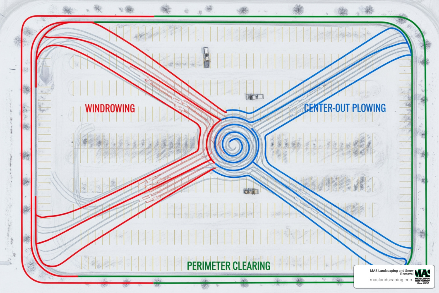 Diagram showing different plowing patterns for various lot layouts - parking lot snow plowing Diagram showing different plowing patterns for various lot layouts - parking lot snow plowing