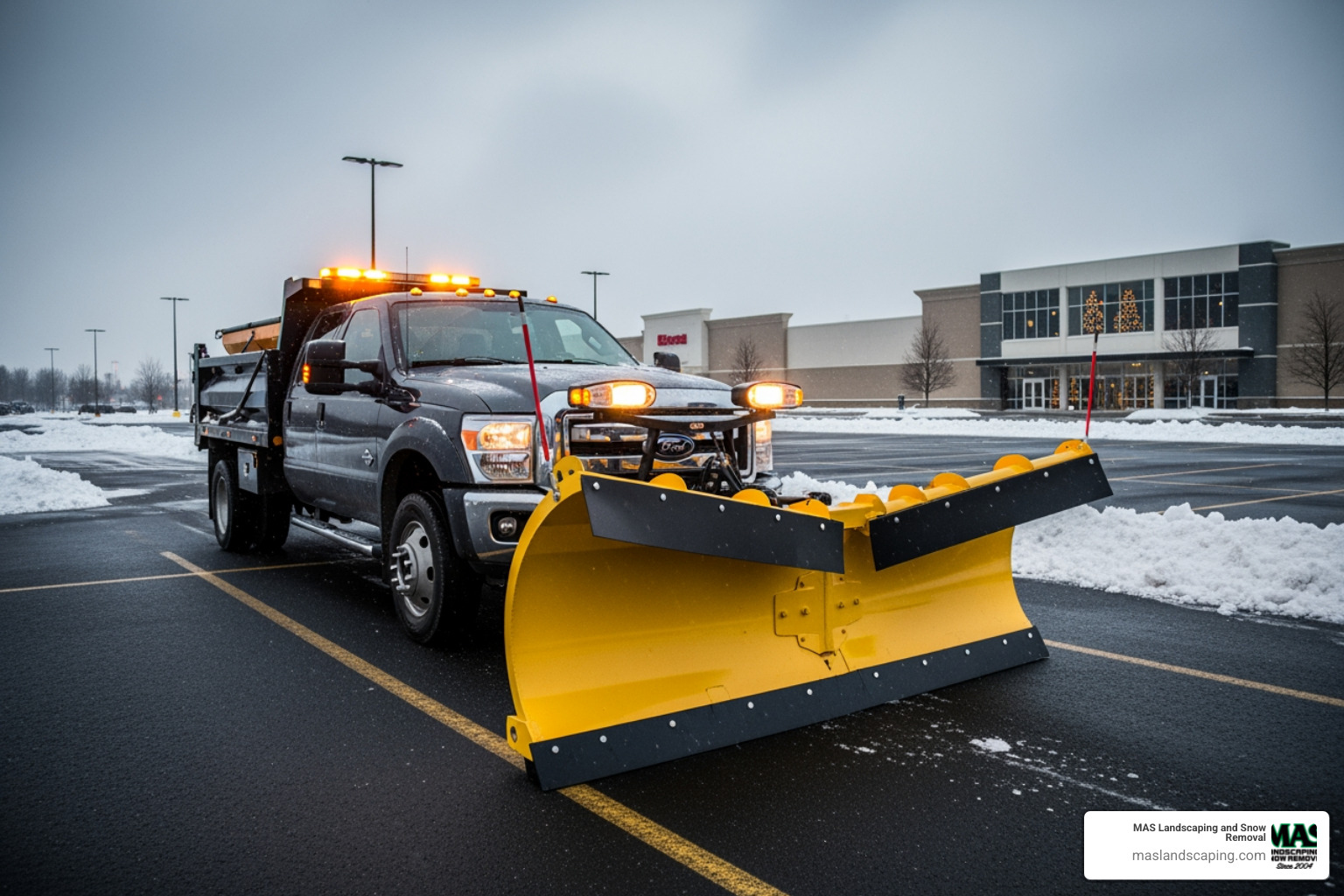 Commercial-grade pickup truck with an angle plow and wings attached - parking lot snow plowing Commercial-grade pickup truck with an angle plow and wings attached - parking lot snow plowing