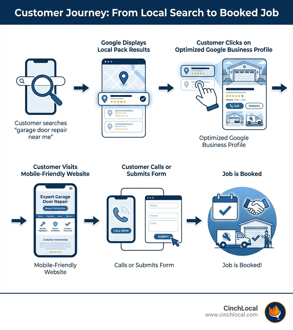 Infographic showing the customer journey from local search query to booked job: Customer searches 'garage door repair near me' → Google displays Local Pack results → Customer clicks on optimized Google Business Profile → Customer visits mobile-friendly website → Customer calls or submits form → Job is booked - garage door repair SEO infographic