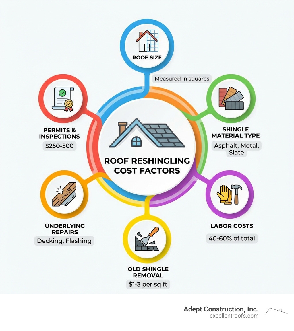 Infographic showing the main cost factors for roof reshingling: roof size (measured in squares), shingle material type (asphalt, metal, slate), labor costs (40-60% of total), old shingle removal ($1-3 per sq ft), underlying repairs (decking, flashing), and permits/inspections ($250-500) - cost to have roof reshingled infographic Infographic showing the main cost factors for roof reshingling: roof size (measured in squares), shingle material type (asphalt, metal, slate), labor costs (40-60% of total), old shingle removal ($1-3 per sq ft), underlying repairs (decking, flashing), and permits/inspections ($250-500) - cost to have roof reshingled infographic