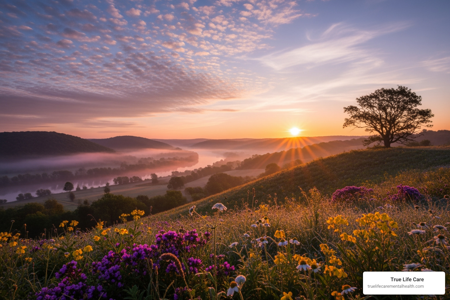A serene New Jersey landscape at sunrise, symbolizing hope and new beginnings - dual diagnosis NJ