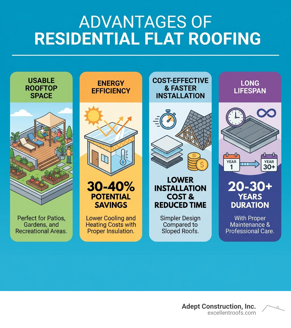 Infographic showing the four primary advantages of residential flat roofing: usable rooftop space for patios and gardens, energy efficiency with 30-40% potential savings, cost-effective and faster installation compared to sloped roofs, and long lifespan of 20-30+ years with proper maintenance - residential flat roofing infographic Infographic showing the four primary advantages of residential flat roofing: usable rooftop space for patios and gardens, energy efficiency with 30-40% potential savings, cost-effective and faster installation compared to sloped roofs, and long lifespan of 20-30+ years with proper maintenance - residential flat roofing infographic