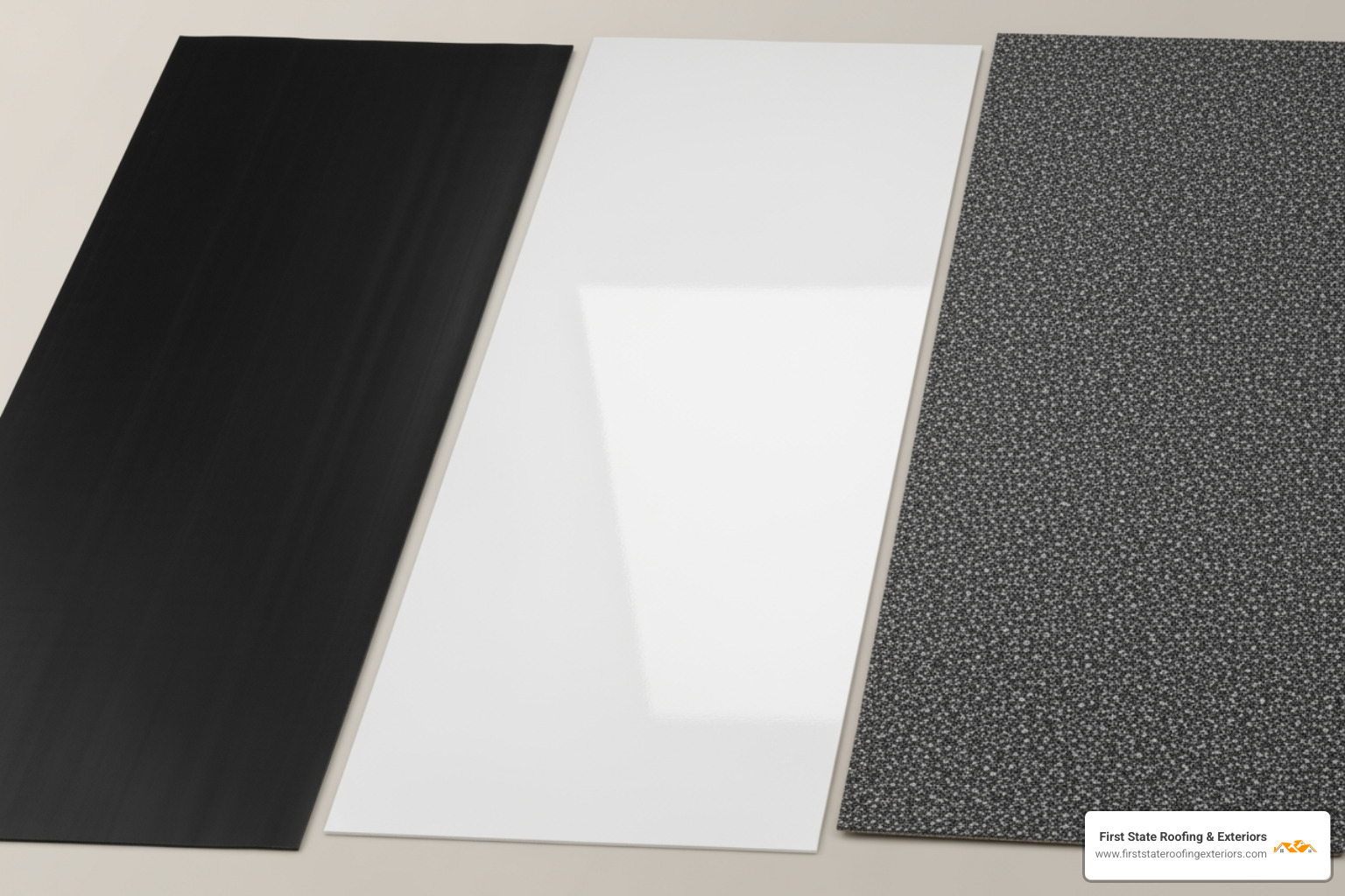 side-by-side samples of EPDM, TPO, and Modified Bitumen roofing materials - flat roof contractors in my area