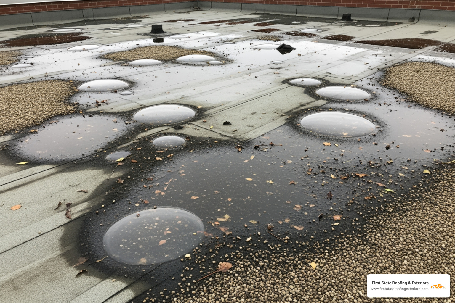 A flat roof showing clear signs of bubbling and ponding water after a rain shower - flat roof contractors in my area
