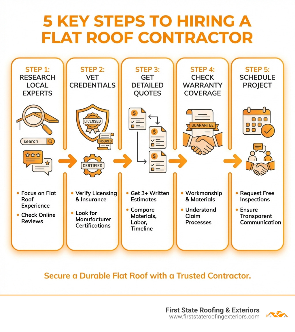Infographic showing the 5 key steps to hiring a flat roof contractor: Step 1 - Research local contractors with flat roof experience and check online reviews; Step 2 - Vet credentials including licensing, insurance, and manufacturer certifications; Step 3 - Get at least 3 detailed written quotes comparing materials, labor, and project timeline; Step 4 - Check warranty coverage for both workmanship and materials, asking about claim processes; Step 5 - Schedule your project with a contractor who offers free inspections and transparent communication - flat roof contractors in my area infographic 