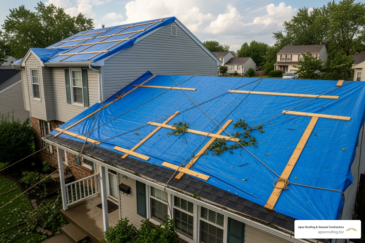 Properly installed emergency roof tarp on a damaged roof - storm damage Leon Valley