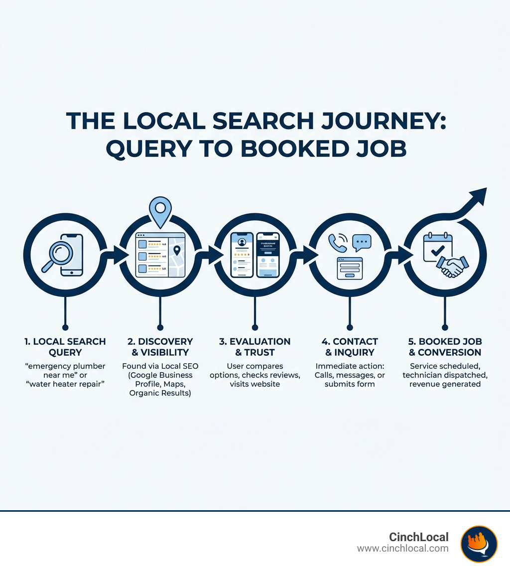 Infographic explaining the flow from a local search query to a booked job for a home service contractor - plumbing seo infographic
