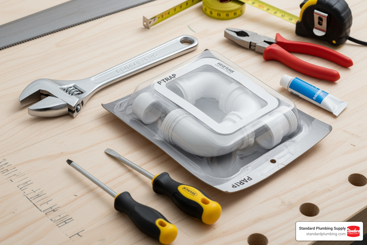 Tools and new P-trap kit laid out neatly - drain trap replacement