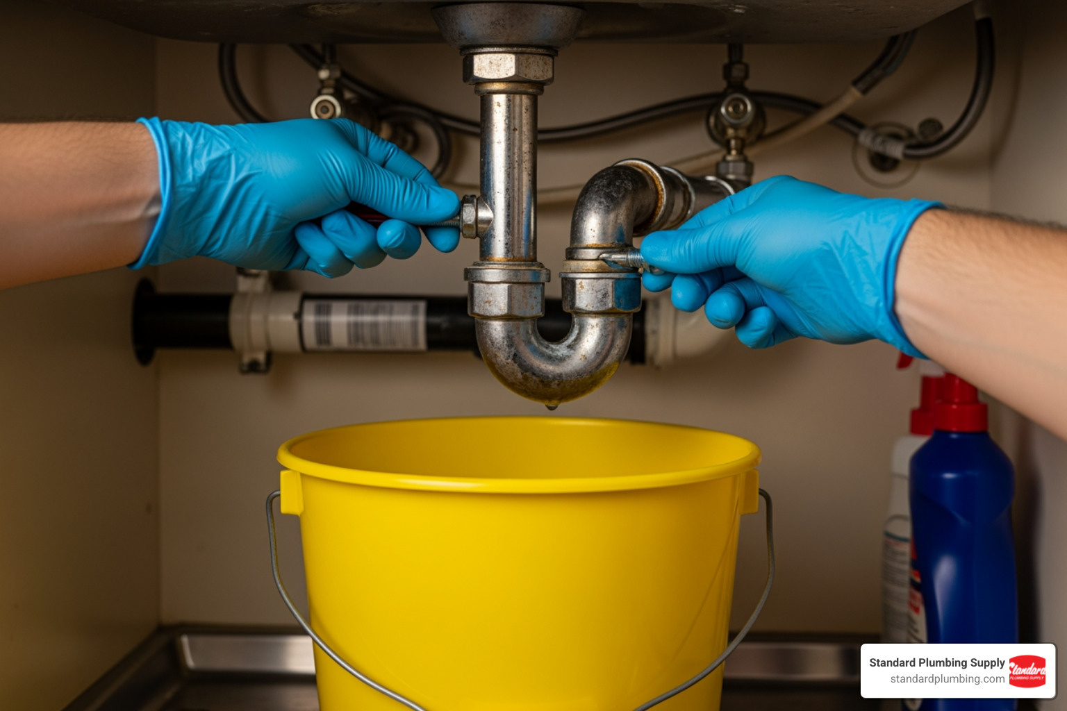 person unscrewing slip nuts on old P-trap with bucket underneath - drain trap replacement