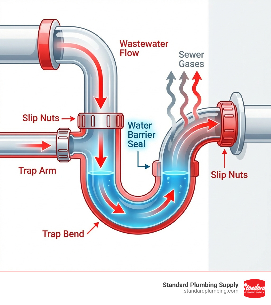 Infographic showing a cutaway view of a P-trap with labels for the water barrier seal, trap bend, trap arm, slip nuts, and arrows indicating how the standing water blocks sewer gases while allowing wastewater to flow through - drain trap replacement infographic 