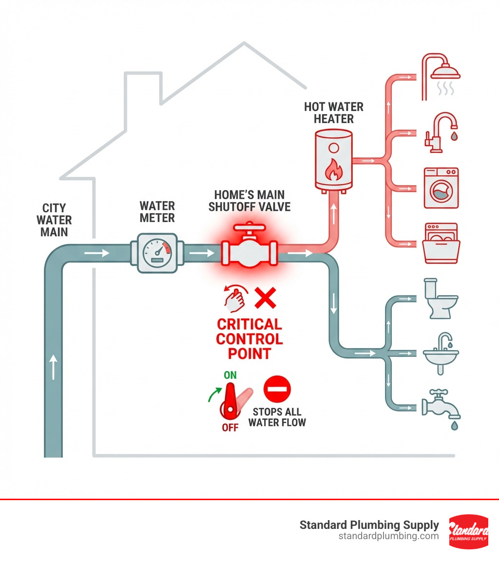 Infographic showing water flow path from city main through meter to home's main shutoff valve, then branching to hot water heater and various fixtures, with main shutoff valve highlighted as the critical control point for the entire home - water main shutoff infographic 