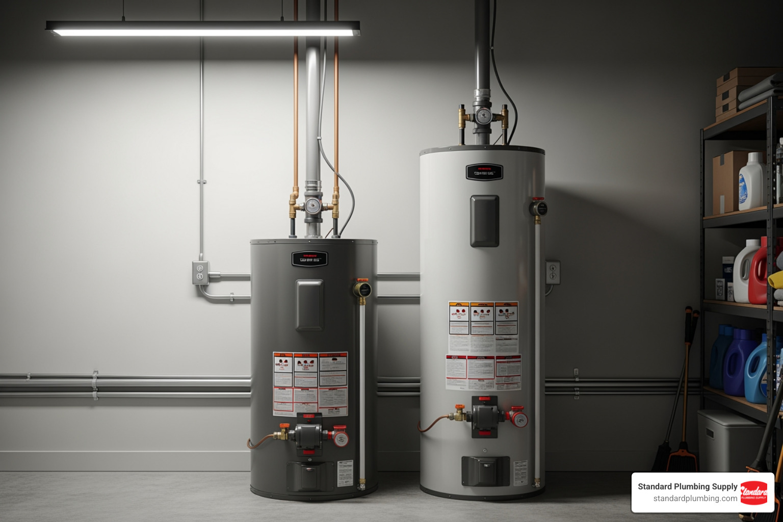 lowboy water heater next to a standard tall model for a clear size comparison - lowboy water heater lowboy water heater next to a standard tall model for a clear size comparison - lowboy water heater
