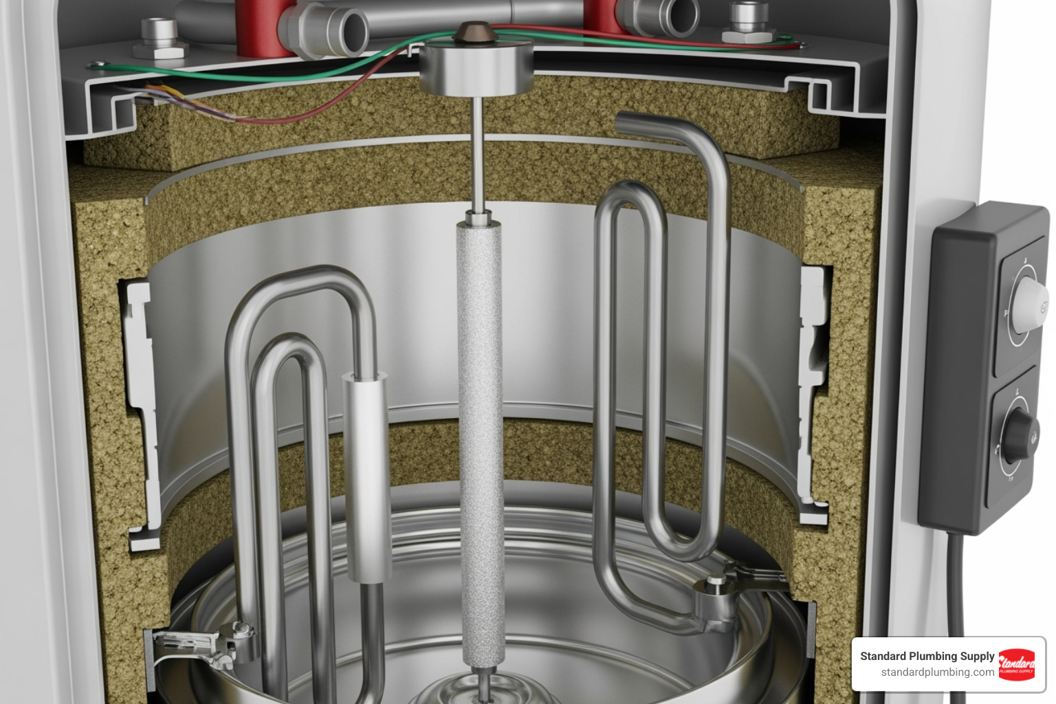 internal components of an electric water heater like heating elements and an anode rod - lowboy water heater internal components of an electric water heater like heating elements and an anode rod - lowboy water heater
