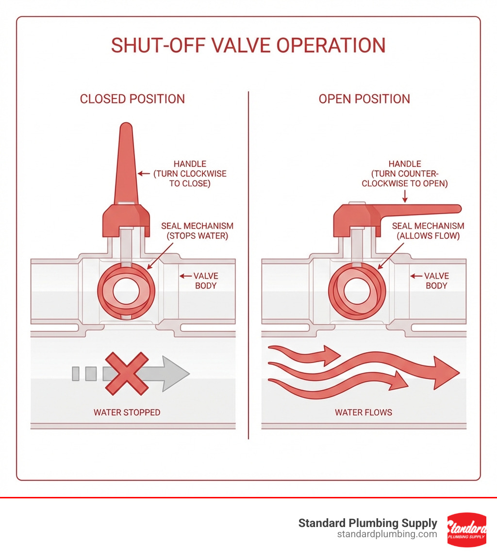 infographic showing cross-section of a shut-off valve in closed and open positions, with arrows indicating water flow direction and labels pointing to the handle, valve body, and seal mechanism that stops water when turned - Shut off valve infographic infographic showing cross-section of a shut-off valve in closed and open positions, with arrows indicating water flow direction and labels pointing to the handle, valve body, and seal mechanism that stops water when turned - Shut off valve infographic
