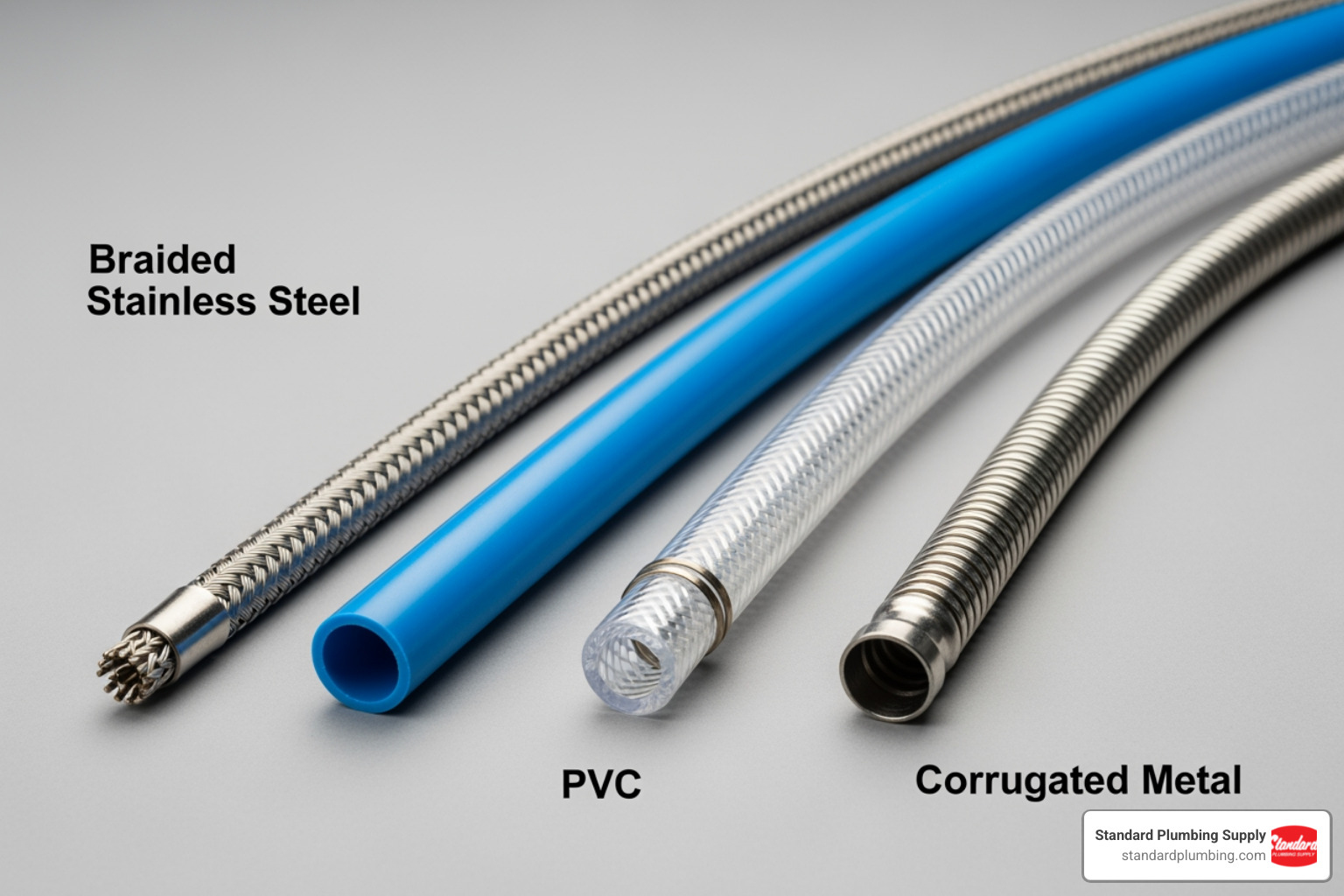four different types of flexible water lines (Braided Stainless Steel, PEX, PVC, Corrugated) laid out side-by-side - Flexible water lines four different types of flexible water lines (Braided Stainless Steel, PEX, PVC, Corrugated) laid out side-by-side - Flexible water lines