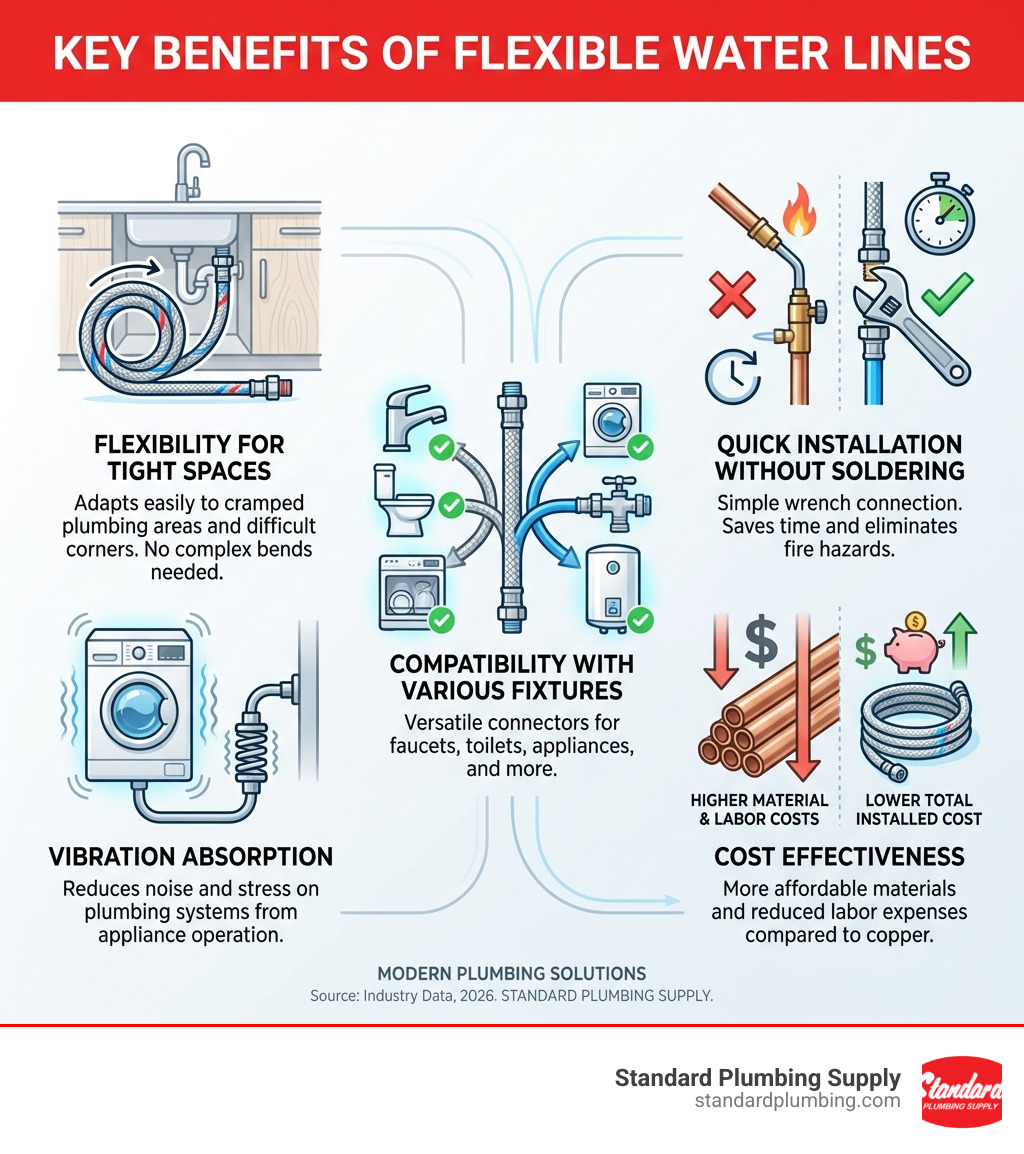 infographic showing the key benefits of flexible water lines including flexibility for tight spaces, quick installation without soldering, compatibility with various fixtures, vibration absorption, and cost effectiveness compared to rigid copper pipes - Flexible water lines infographic infographic showing the key benefits of flexible water lines including flexibility for tight spaces, quick installation without soldering, compatibility with various fixtures, vibration absorption, and cost effectiveness compared to rigid copper pipes - Flexible water lines infographic