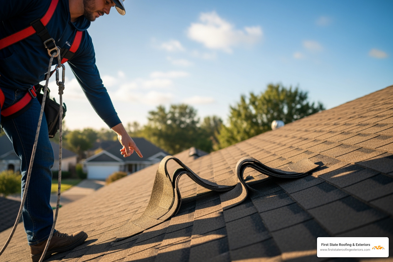 roofer using a safety harness pointing to curled and damaged asphalt shingles on a roof - local roofing companies in my area