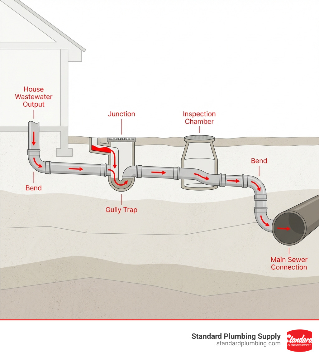 Infographic showing a cross-section of a typical 110mm domestic underground drainage system, illustrating pipe runs from house to main sewer with labeled components including bends at direction changes, junctions where multiple lines meet, gully traps at surface water entry points, inspection chambers for access, and the main sewer connection - 110 pipe fittings infographic 