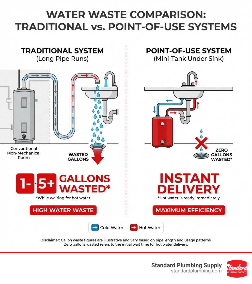 infographic showing how point-of-use water heaters reduce water waste by eliminating long pipe runs, with comparison of gallons wasted waiting for hot water versus instant delivery from mini-tank installed under sink - small electric water heater 110v infographic 