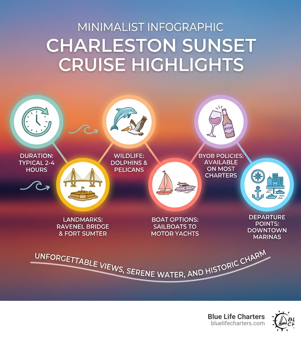 Infographic showing Charleston sunset cruise highlights: typical 2-4 hour duration, landmarks including Ravenel Bridge and Fort Sumter, wildlife like dolphins and pelicans, boat options from sailboats to motor yachts, BYOB policies, and departure points at downtown marinas - charleston south carolina sunset cruise infographic Infographic showing Charleston sunset cruise highlights: typical 2-4 hour duration, landmarks including Ravenel Bridge and Fort Sumter, wildlife like dolphins and pelicans, boat options from sailboats to motor yachts, BYOB policies, and departure points at downtown marinas - charleston south carolina sunset cruise infographic