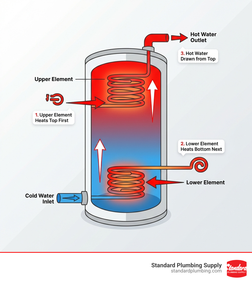 Infographic showing how upper and lower water heater elements work together in a tank: cold water enters at the bottom, the upper element heats the top portion first, then the lower element heats the bottom portion, with hot water drawn from the top of the tank - water heater elements infographic 