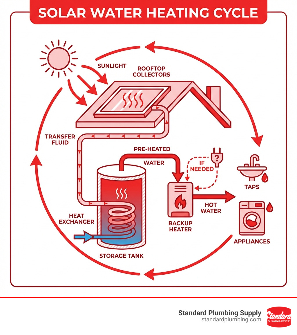 Infographic showing the solar water heating cycle: sunlight hits rooftop collectors, heats transfer fluid, fluid circulates through heat exchanger in storage tank, pre-heated water flows to conventional backup heater if needed, then to household taps and appliances - solar water heating infographic 