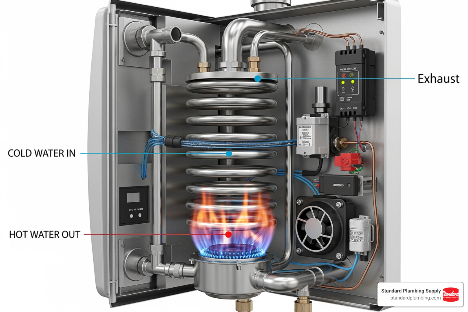 cutaway view of a tankless water heater's internal components - are tankless water heaters better