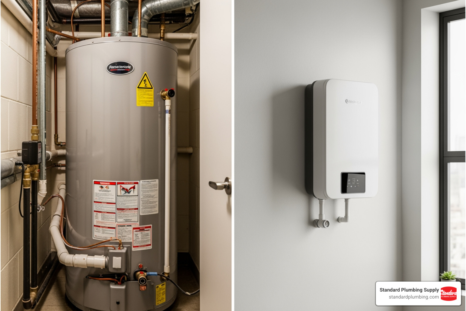 split-screen showing a bulky tank heater on one side and a a sleek tankless unit on the other - are tankless water heaters better