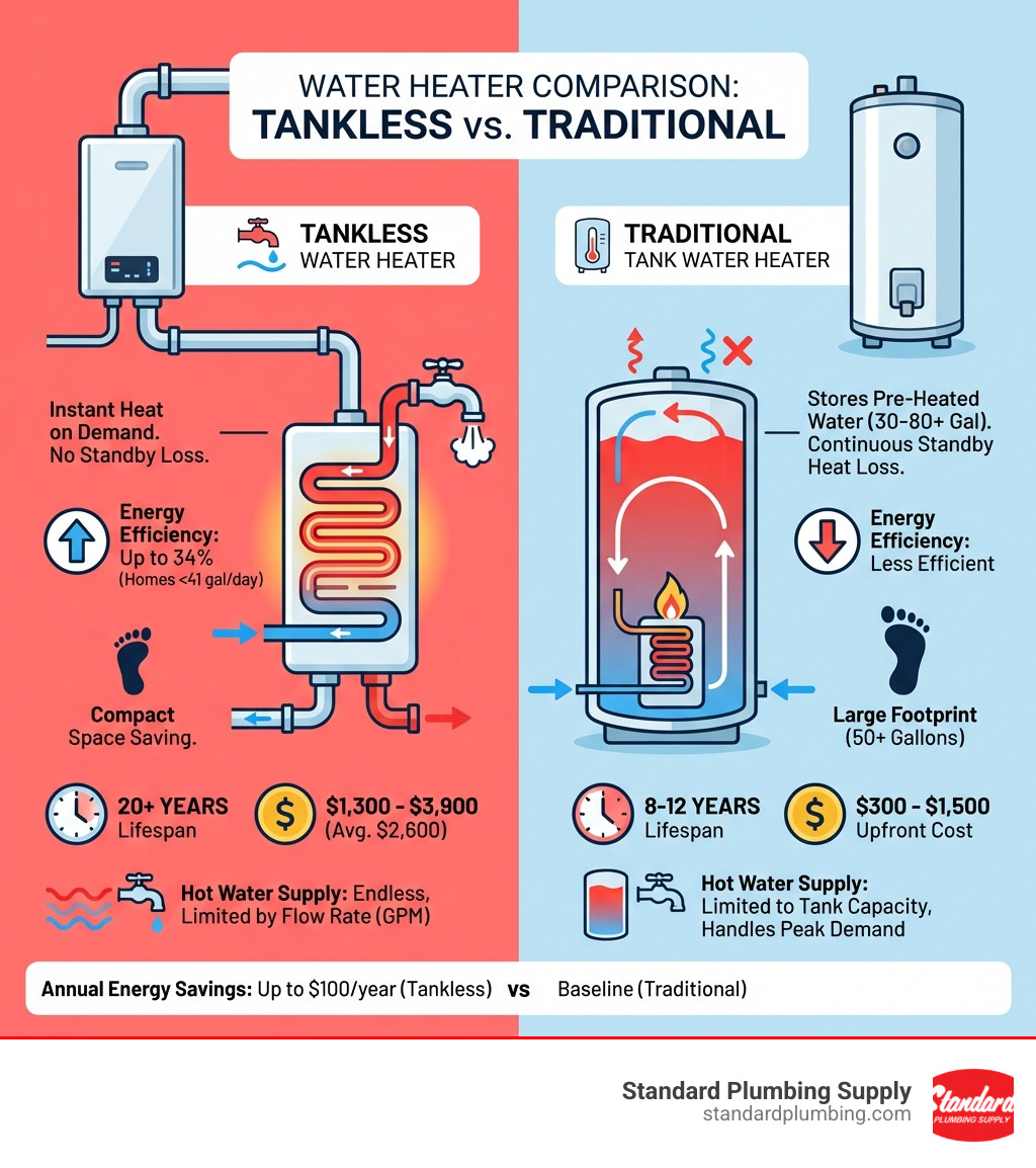 Infographic comparing tankless and traditional water heaters: Traditional tank heaters store 30-80 gallons of pre-heated water in a large cylindrical tank, continuously maintaining temperature through gas burner or electric elements, resulting in standby heat loss. Tankless heaters mount on walls, heat water instantly as it flows through a heat exchanger only when a tap opens, eliminating standby loss but requiring adequate flow rate (GPM) for simultaneous use. - are tankless water heaters better infographic 
