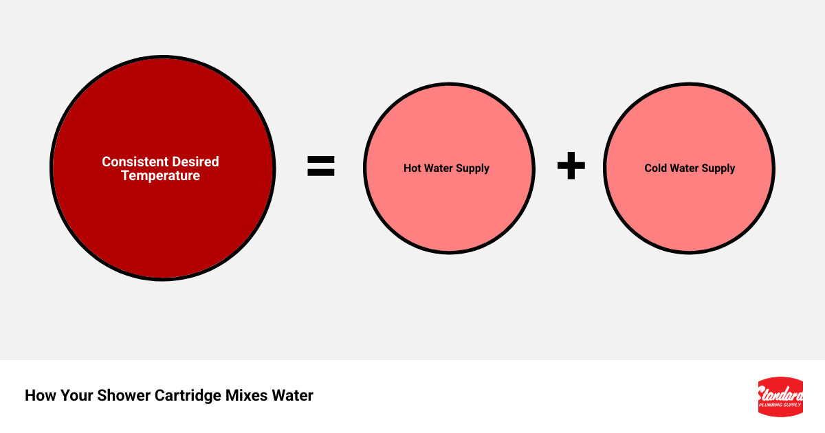 infographic showing how a shower valve cartridge mixes hot and cold water streams through internal ports and channels, with arrows indicating water flow paths and temperature mixing zones - Shower valve cartridge infographic sum_of_parts
