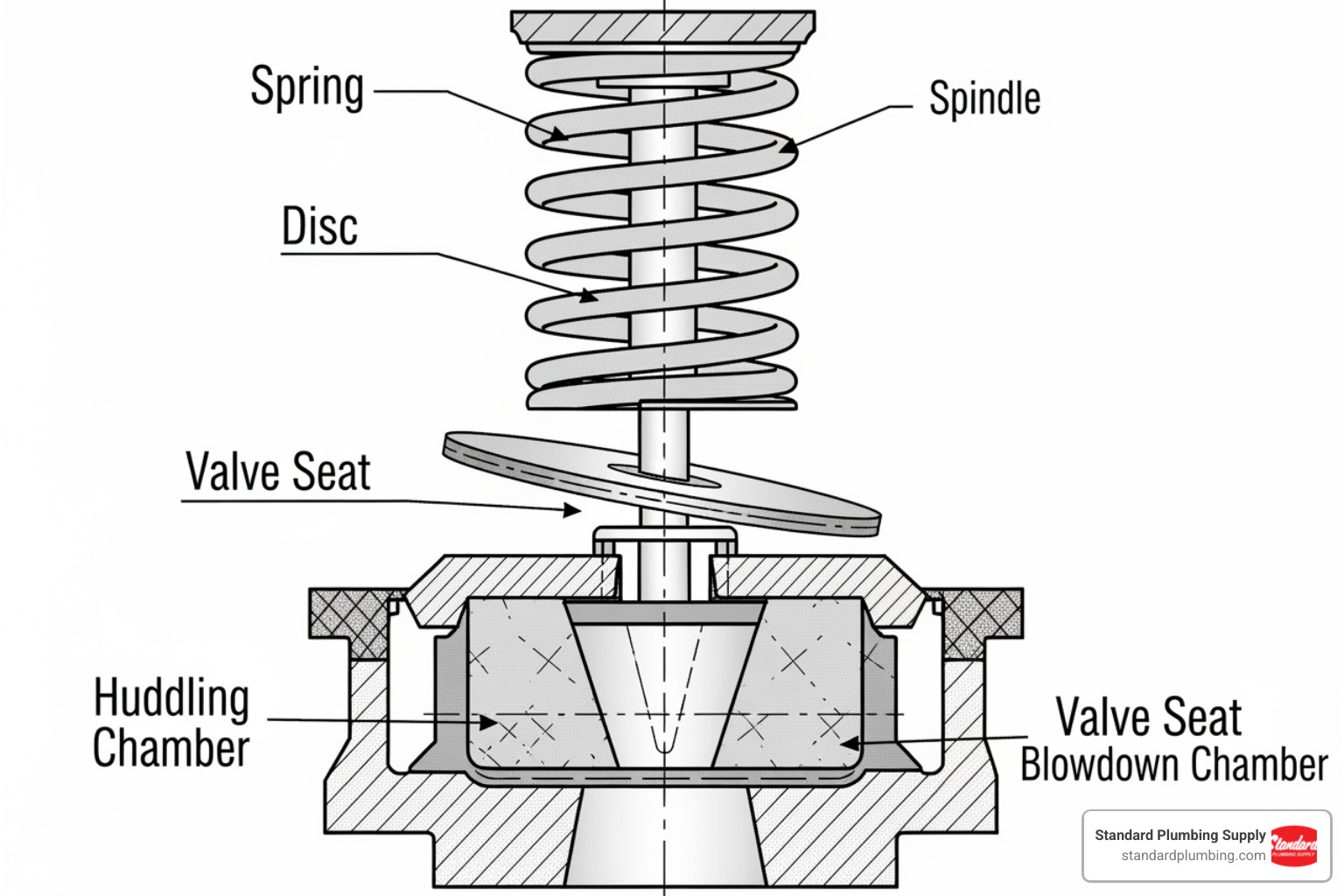 cutaway diagram of a spring-loaded pressure relief valve with components labeled - Pressure relief valve